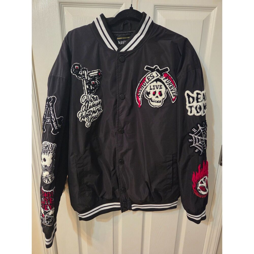 ALF Mens Size Large Black Varsity Jacket w/Embroidery Patches